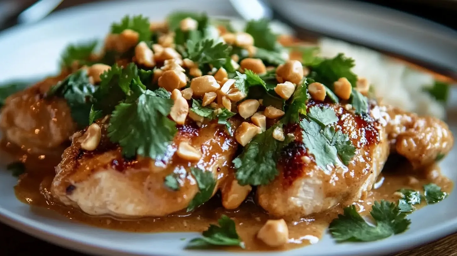 A close-up of a beautifully plated dish of Chicken with Peanut Sauce, garnished with chopped peanuts and fresh cilantro, with a fork resting on the plate