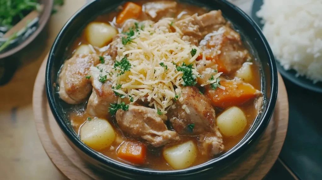 A bowl of Chicken Caldereta with peanut butter sauce, potatoes, carrots, and cheese, served with rice on a wooden table.