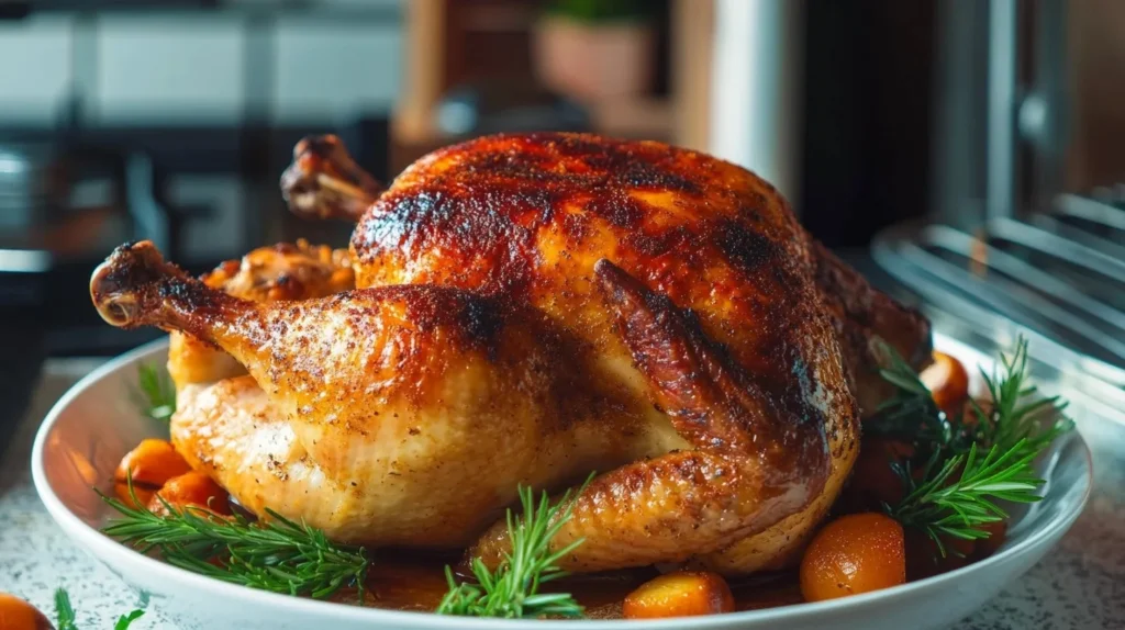 Ultra-realistic close-up of a freshly cooked rotisserie chicken on a wooden platter with roasted vegetables, natural lighting, and steam rising.