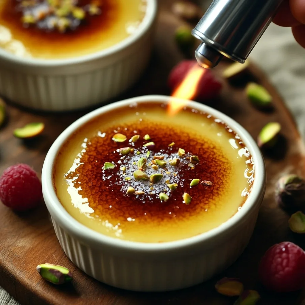 Caramelizing and Garnishing Pistachio Crème Brûlée
