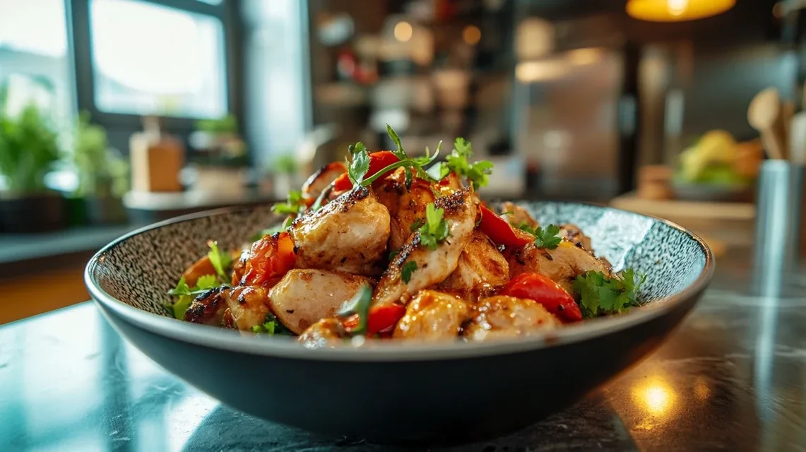 A steaming rotisserie chicken on a wooden cutting board surrounded by herbs.