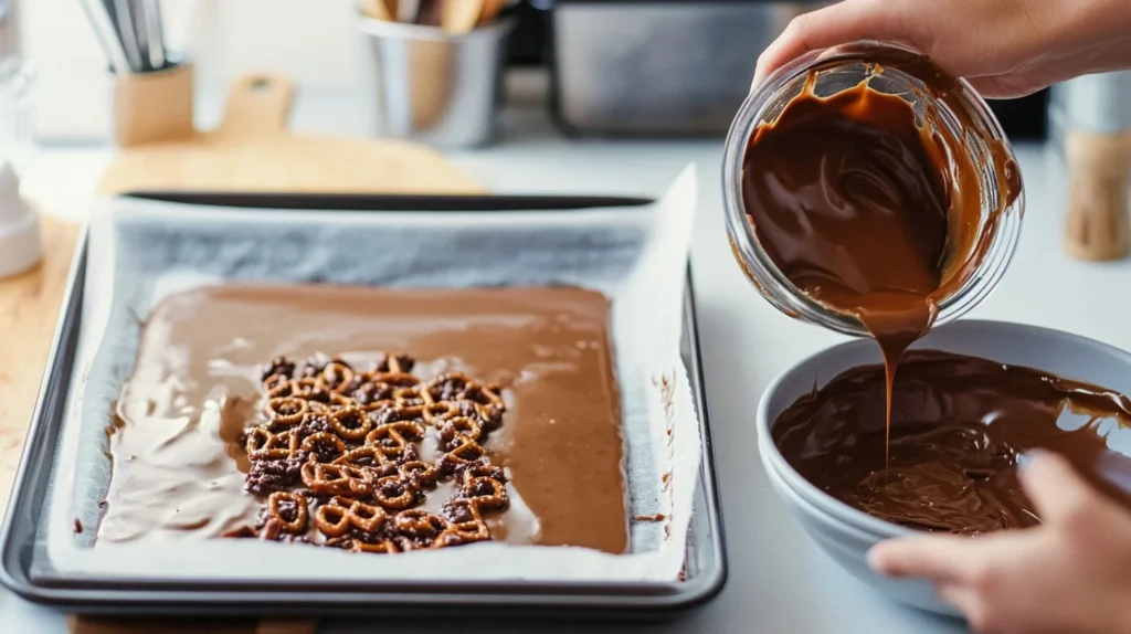 Hands pouring melted caramel over mini pretzels on a baking sheet, with melted chocolate and kitchen tools in the background.