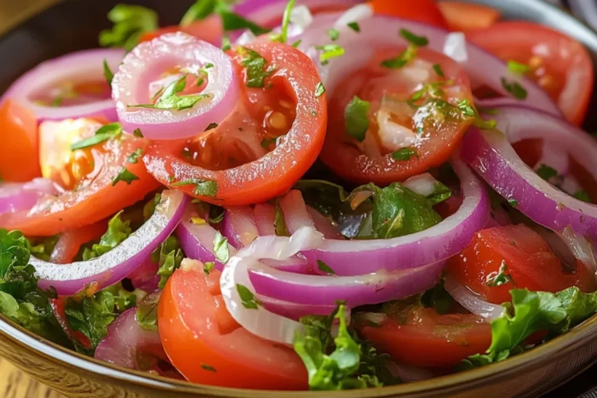 Ultra-realistic close-up of a vibrant cebolla ensalada