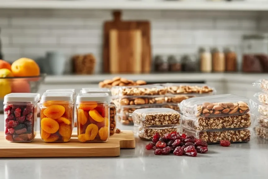 A beautifully arranged set of portable and non-perishable foods displayed on a clean, modern kitchen countertop. The assortment includes colorful dried fruits such as apricots, cranberries, and mango slices, a mix of nuts like almonds and cashews, neatly wrapped sandwiches with fresh fillings, and individually packed energy bars with oats and chocolate chips. The background shows a simple and cozy kitchen with light-colored cabinets, a wooden cutting board, and a small bowl of fresh fruits on the counter. Soft natural lighting from a nearby window highlights the textures and colors of the food, creating a warm and inviting atmosphere