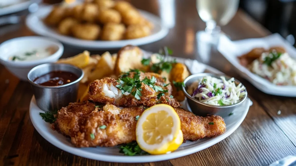 A beautifully presented fish fry with golden-brown fish fillets, lemon wedges, coleslaw, hushpuppies, and dipping sauces on a wooden table.