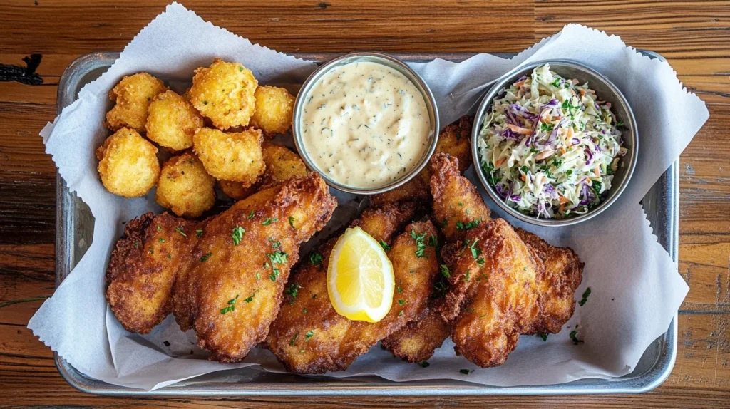 A beautifully presented fish fry with golden-brown fish fillets, lemon wedges, coleslaw, hushpuppies, and dipping sauces on a wooden table - v.2