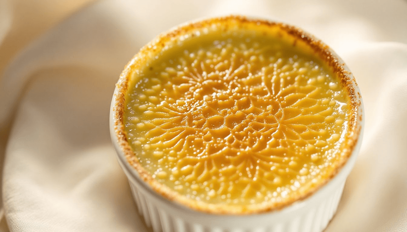 Caramelizing sugar topping on pistachio crème brûlée.