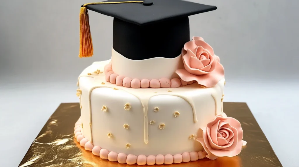 An ultra-realistic image of a beautifully crafted graduation cake with intricate designs, surrounded by celebratory - v2