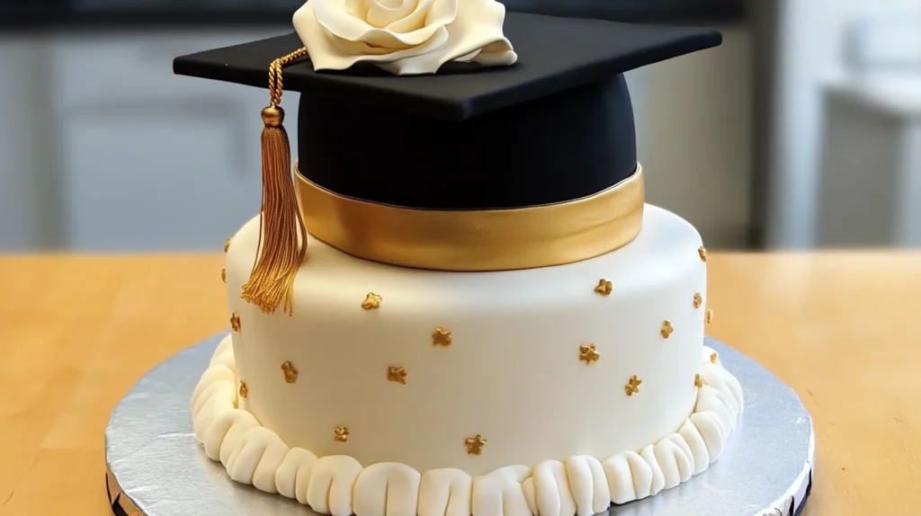 An ultra-realistic image of a beautifully crafted graduation cake with intricate designs, surrounded by celebratory  -v4