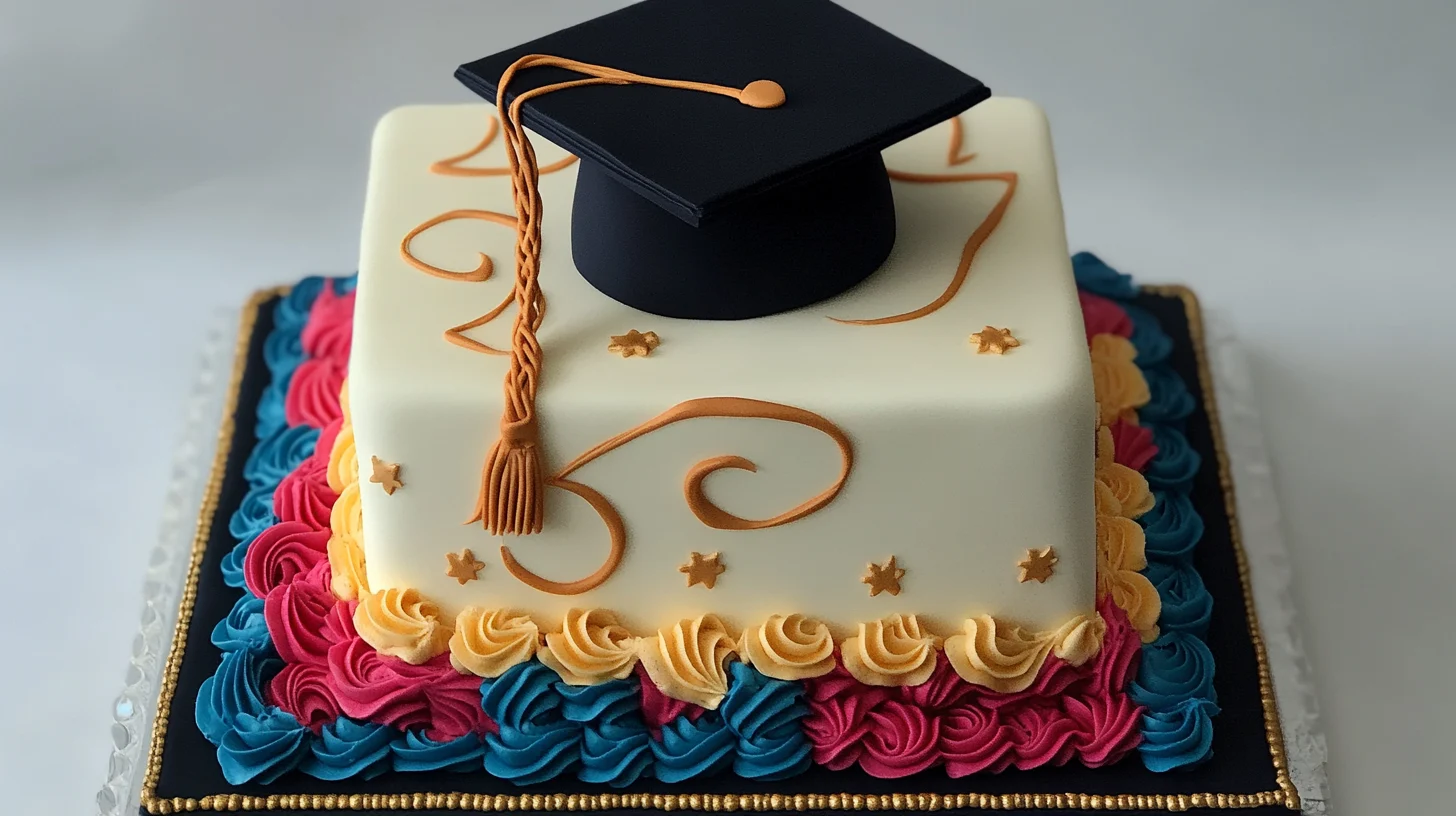 An ultra-realistic image of a beautifully crafted graduation cake with intricate designs, surrounded by celebratory