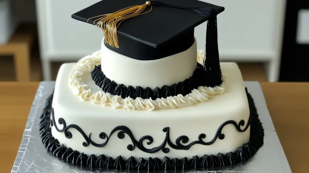 An ultra-realistic image of a beautifully crafted graduation cake with intricate designs, surrounded by celebratory 