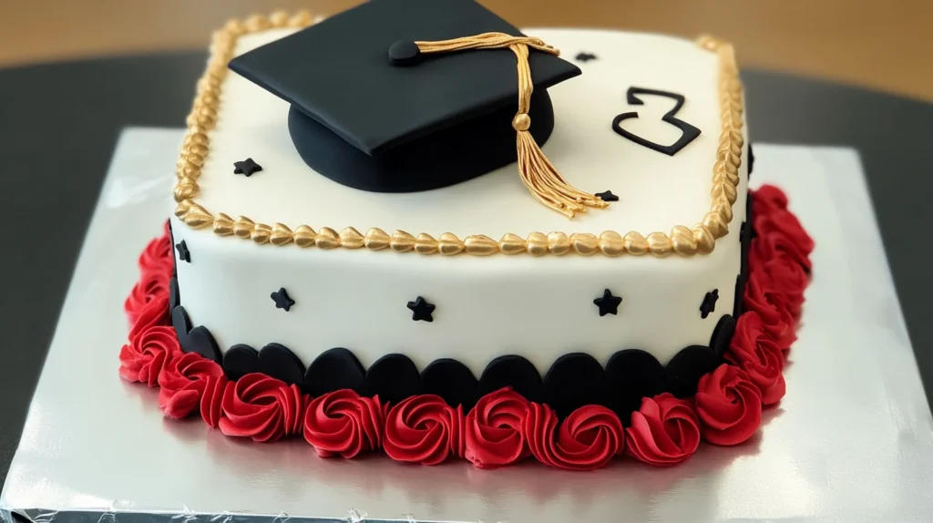 An ultra-realistic image of a beautifully crafted graduation cake with intricate designs, surrounded by celebratory  -v3