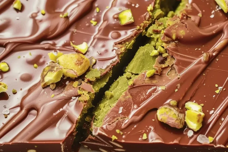 Sliced pistachio chocolate bar with creamy filling and garnishes.