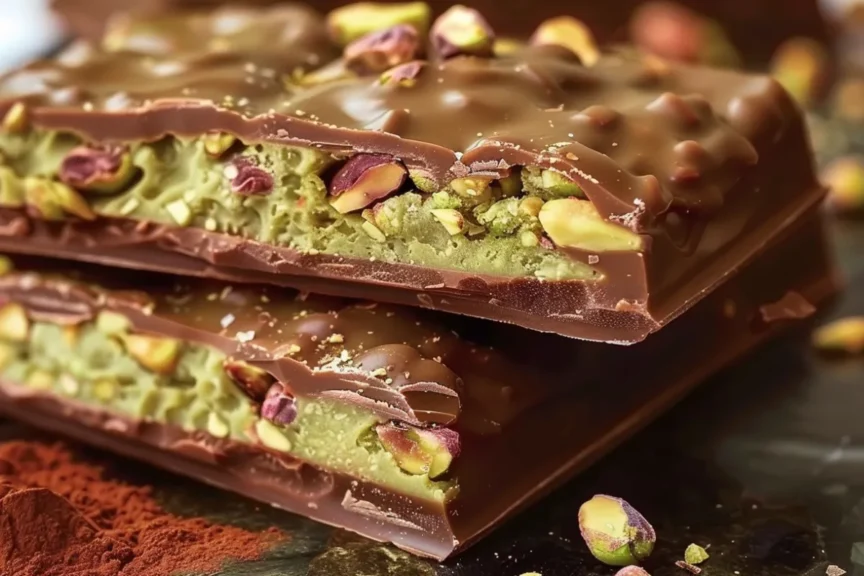 Sliced pistachio chocolate bar with creamy filling and garnishes -v2
