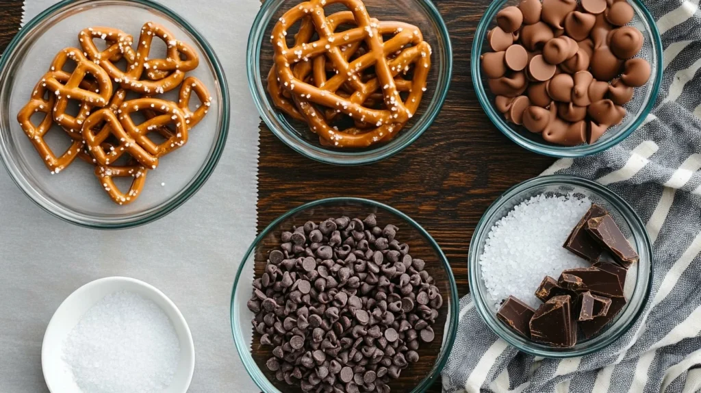 Ingredients for chocolate caramel pretzel bars laid out on a rustic counter, including pretzels, caramel bits, chocolate chips, and sea salt.