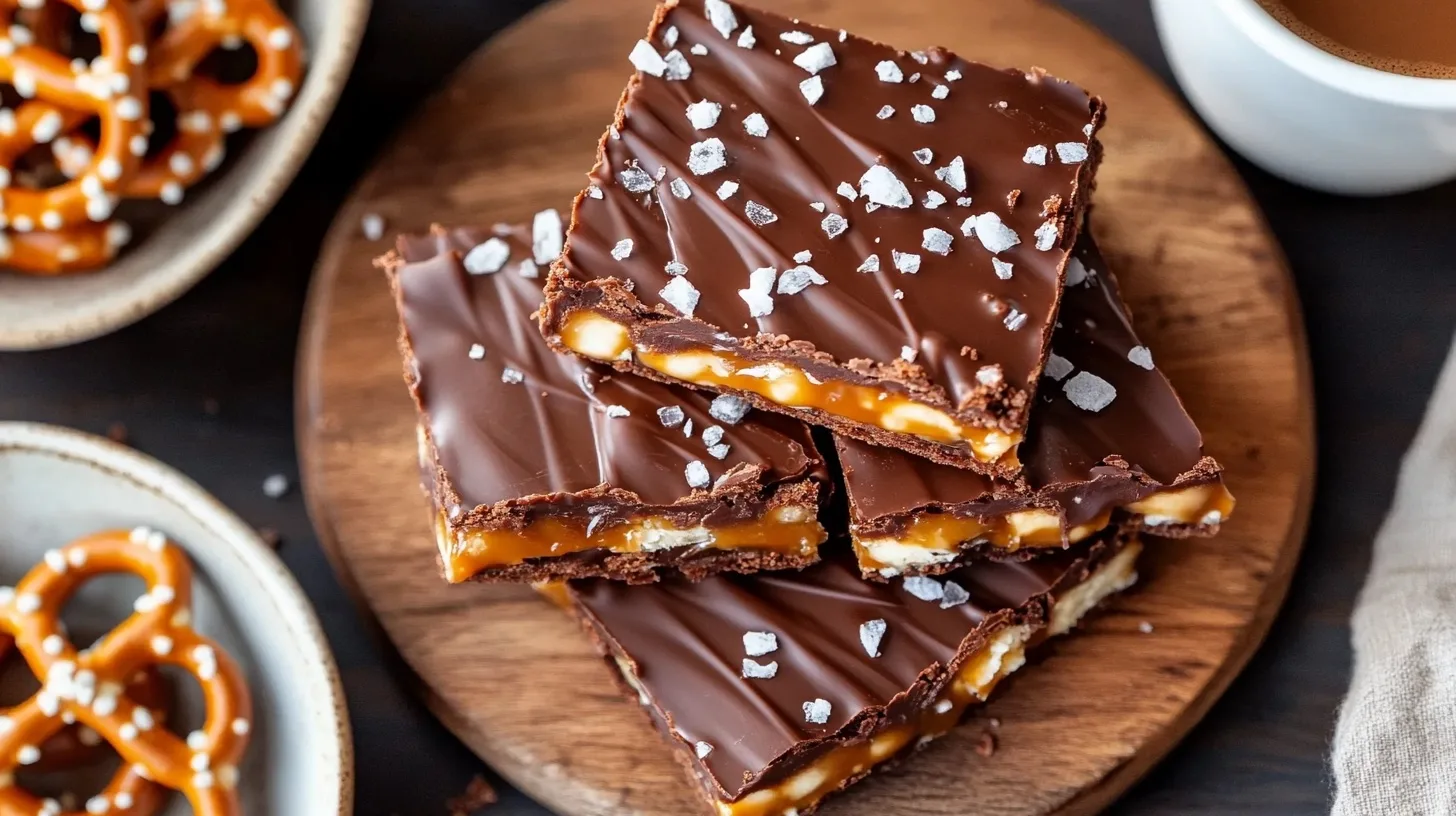 Chocolate caramel pretzel bars beautifully served on a wooden board with a drizzle of caramel and sea salt, next to pretzels and coffee.