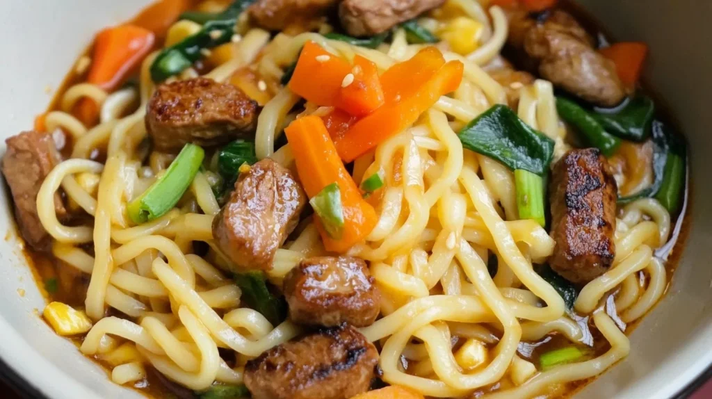 Stir fry noodles with tofu and veggies in peanut sauce.