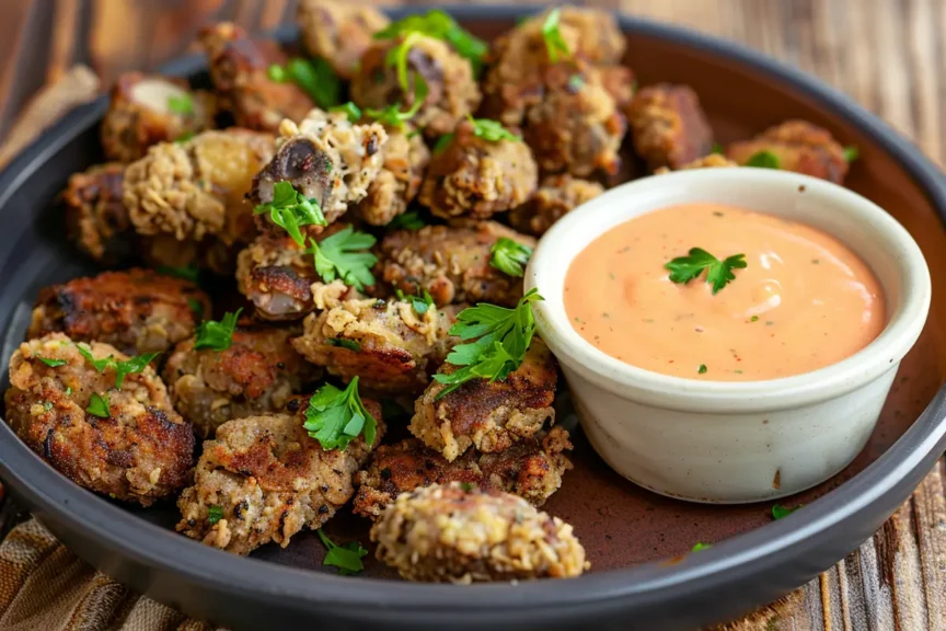 Plate of crispy fried chicken gizzards served with creamy dipping sauce and fresh parsley.
