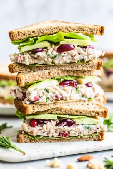 Chicken Salad with Grapes and Pecans in a sandwich on whole grain bread.