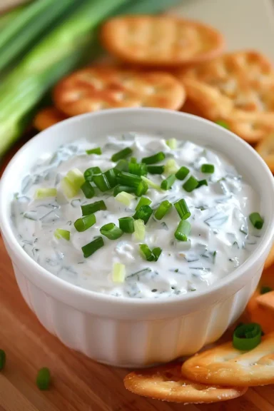 Creamy cucumber dip with fresh chopped green onions, served in a white bowl with crispy toasted bread on a wooden board.