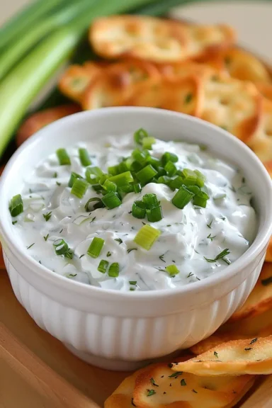 Fresh cucumber dip with chopped green onions and dill in a white bowl, served with crispy toasted bread slices.