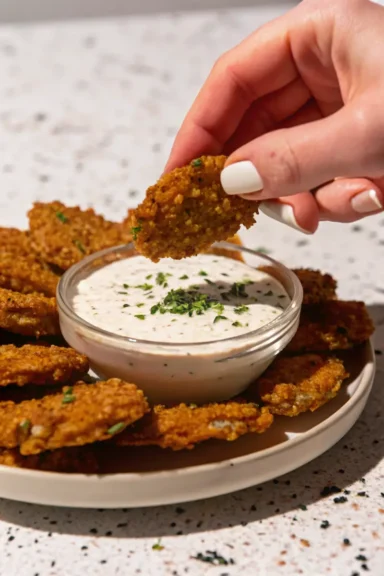 A crispy snack being dipped into homemade dill ranch dressing.