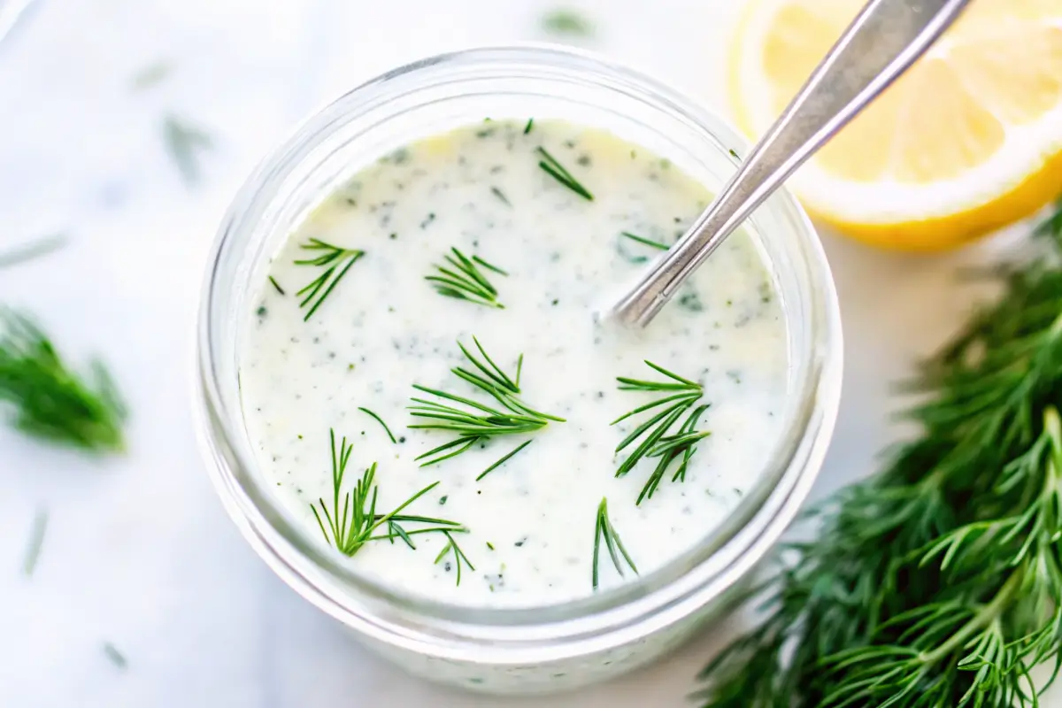 Homemade dill ranch dressing in a glass jar, garnished with fresh dill sprigs.