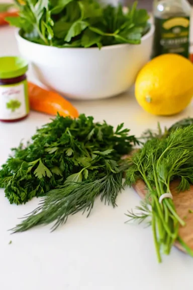 Fresh dill and parsley on a cutting board with a lemon and other ingredients.