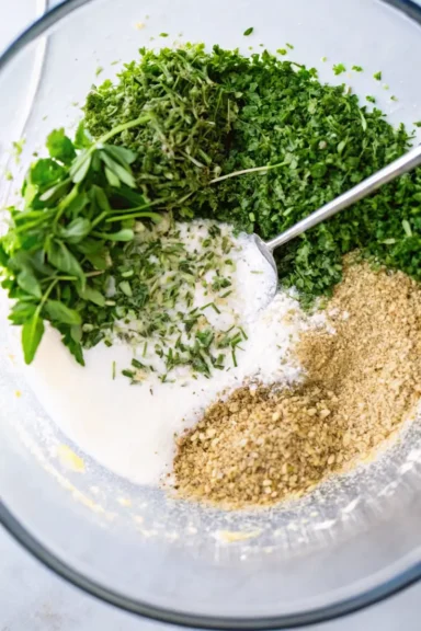 Fresh herbs, buttermilk, and seasonings in a bowl for homemade dill ranch dressing.