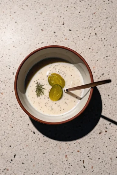A bowl of homemade dill ranch dressing garnished with pickles and fresh dill.