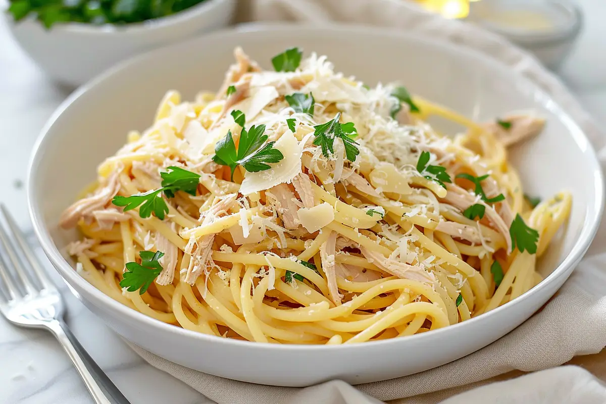 Easy Pasta Leftover Rotisserie Chicken served in a white bowl, topped with parsley and Parmesan.
