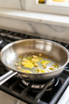 Garlic cloves sautéing in melted butter and olive oil in a stainless steel skillet.