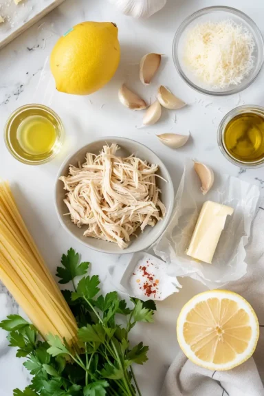 Ingredients for Easy Pasta Leftover Rotisserie Chicken, including shredded chicken, lemon, garlic, butter, and parsley.
