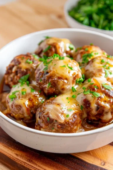French onion-style meatballs baked in a deep, savory sauce with gooey cheese.