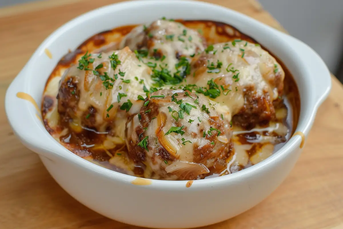 Giant meatballs with melted cheese and onion gravy, garnished with fresh parsley.