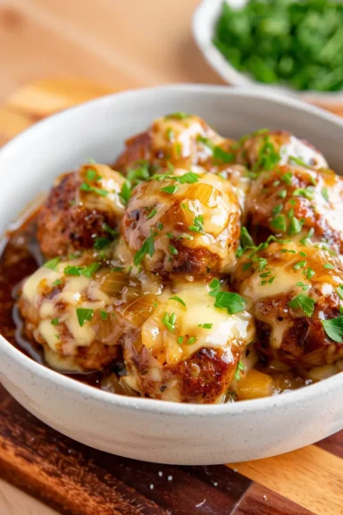 Giant meatballs baked in onion gravy and topped with melted cheese in a white serving dish.