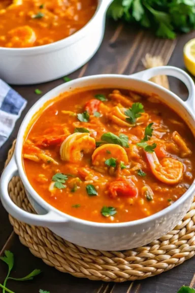 A bowl of jambalaya soup with shrimp, tomatoes, and rice, garnished with fresh parsley.