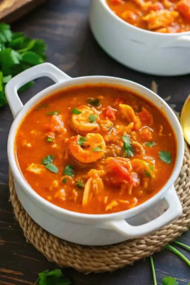 A bowl of jambalaya soup with shrimp, tomatoes, and rice, garnished with fresh parsley.