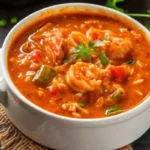 A bowl of jambalaya soup with shrimp, rice, and bell peppers, garnished with fresh cilantro.