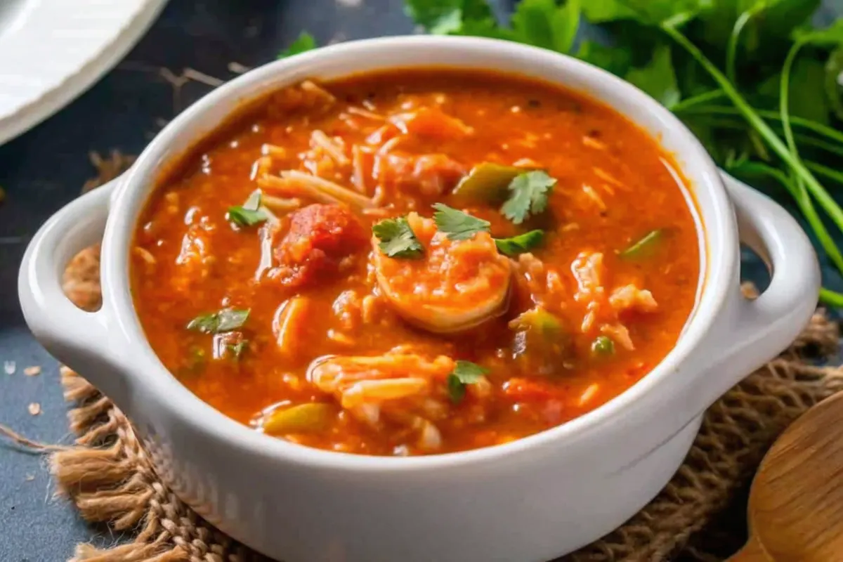 A steaming bowl of jambalaya soup with shrimp, rice, and vegetables, garnished with fresh cilantro.