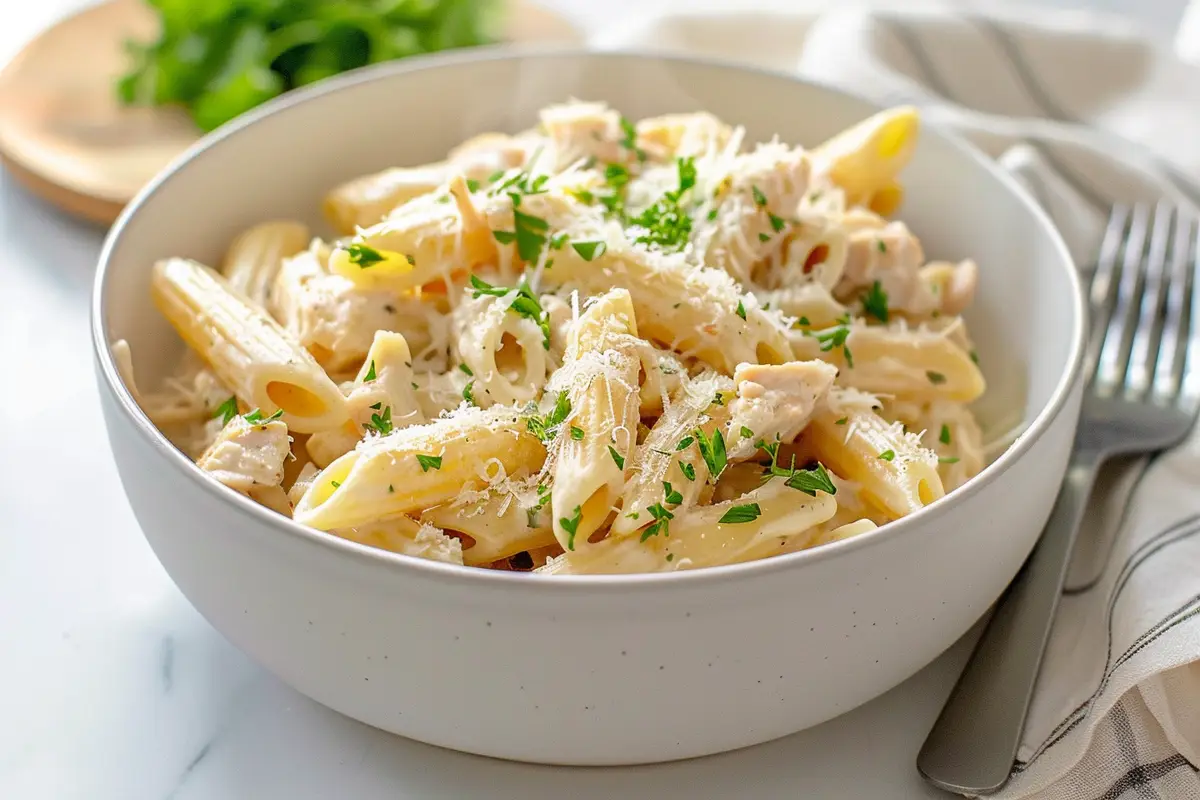 Leftover Rotisserie Chicken Pasta Recipe served in a white bowl, topped with Parmesan and fresh parsley.