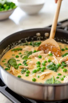 Creamy sauce with shredded rotisserie chicken, peas, and spinach simmering in a skillet.