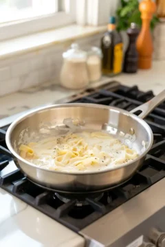 Creamy pasta with black pepper in a stainless steel skillet on a gas stovetop, no steam.