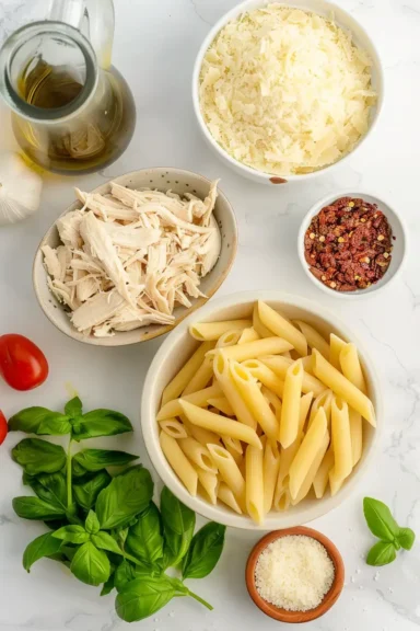 Flat lay of ingredients for leftover rotisserie chicken penne pasta recipe.