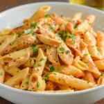 Close-up of creamy leftover rotisserie chicken penne pasta garnished with fresh herbs.