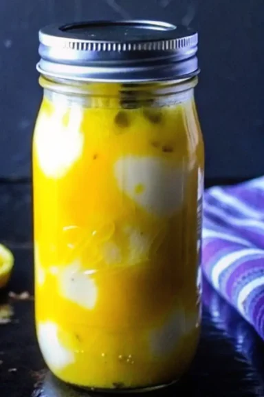Close-up of a glass jar filled with mustard pickled eggs in a vibrant yellow brine, with spices floating inside.