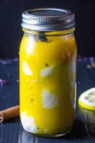 A glass jar filled with mustard pickled eggs in a bright yellow brine, with a cinnamon stick and lemon slice nearby.