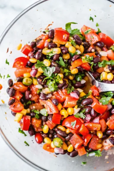 A freshly mixed bowl of Redneck Caviar with black beans, corn, diced tomatoes, and cilantro.