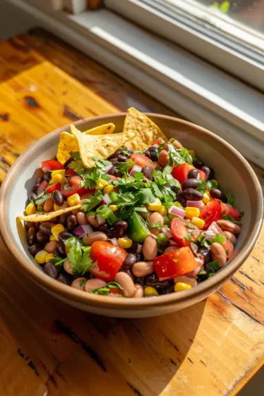 Redneck caviar dip with beans, corn, tomatoes, onions, and cilantro in a ceramic bowl with tortilla chips, lit by natural sunlight on a wooden table.
