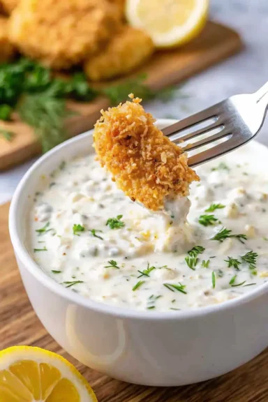 Crispy fish fillet dipped into creamy tartar sauce recipe in a white bowl, garnished with parsley.